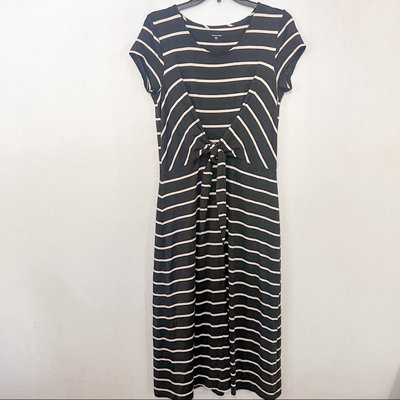 Garnet Hill Short Sleeved Tie Twist Striped Midi Dress - Picture 3 of 11